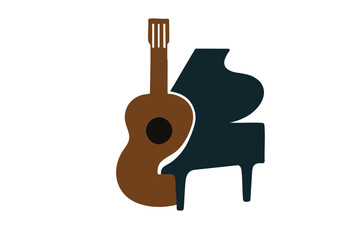 negative space logo design mountain with piano and guitar. creative typography monogram vector