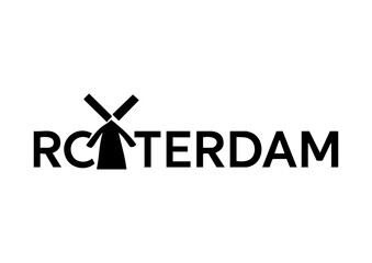 Rotterdam letters negative space logo design with windmill. creative typography monogram vector