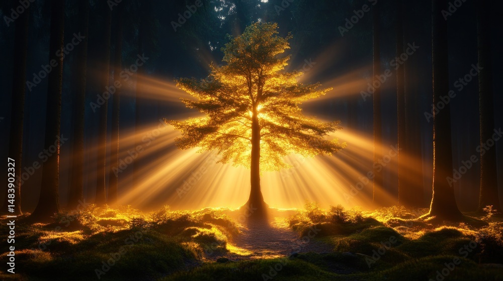 Poster Sunlight Streaming Through Trees in Enchanted Forest Clearing