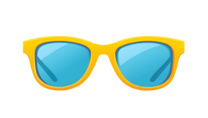 Yellow sunglasses with blue lenses on a transparent background, PNG clipart illustration with a white background and no shadow in the middle of the image