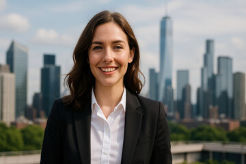 Woman in suit poses before city skyline.