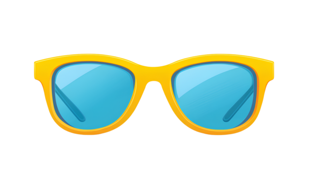 Yellow sunglasses with blue lenses on a transparent background, PNG clipart illustration with a white background and no shadow in the middle of the image