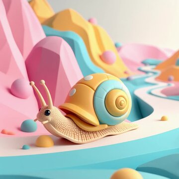 A clay animation-style explorer snail with bendable limbs and a monocle, trekking through a pastel-colored canyon with quirky geometric rock formations.