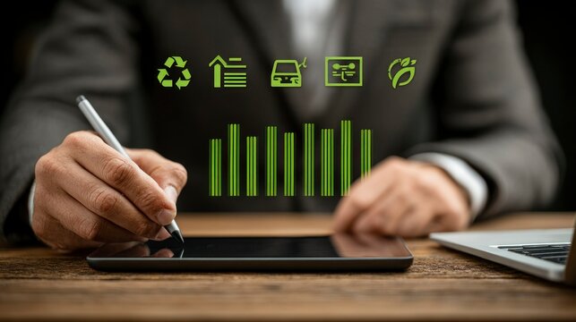 Businessman Analyzing Sustainability Data on Tablet with Green Icons and Bar Graphs