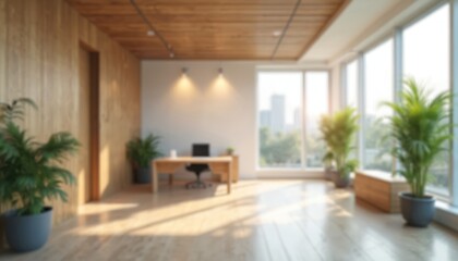 Fototapeta premium Contemporary office space with big window overlooking city. Modern workspace with desk chair, wooden furniture. Bright sunny interior with green plants. Presentation background with blurred business