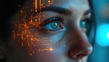 Close-up of woman eye with futuristic digital data overlay. Tech, artificial intelligence concept. Modern high-tech vision, advanced technology, AI. Human machine interface, digital artwork.