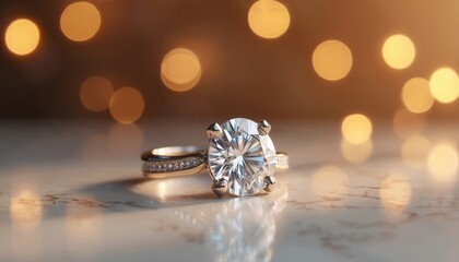 Fototapeta premium Stunning diamond engagement ring rests on marble surface. Soft bokeh lights in background. Luxury jewelry, brilliance, clarity, romance, beauty, glamour, love, wedding celebration.