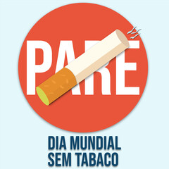 Vetor de um cigarro em cima de uma placa de pare e embaixo o texto dia mundial sem tabaco e com fundo azul