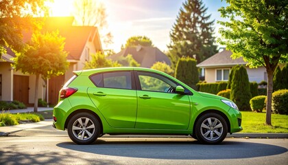 Fototapeta premium Bright Green Compact Car in Suburban Neighborhood (Side View, Sunny Afternoon)