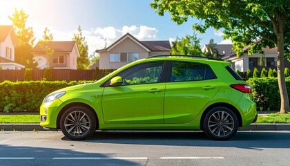Fototapeta premium Bright Green Compact Car in Suburban Neighborhood (Side View, Sunny Afternoon)