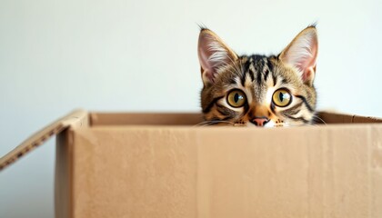 Curious cat peeks over cardboard box with big eyes. Playful pet expresses interest in new surroundings. Domestic felino explores indoors, displaying curiosity, wonder, alertness. Pet in box, funny