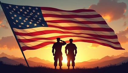 Silhouettes of soldiers saluting against sunset, USA flag background. American patriotic scene represents military, freedom, national pride, memorial. Symbol of honor, service. Perfect image for