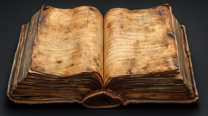 Old book with leather cover lies open on a dark surface, its pages appear to be well-worn and aged.
