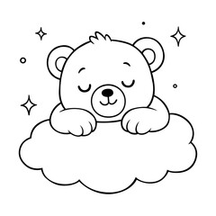 Adorable sleeping bear cartoon on a fluffy cloud with stars in black and white line art for kids bedtime theme