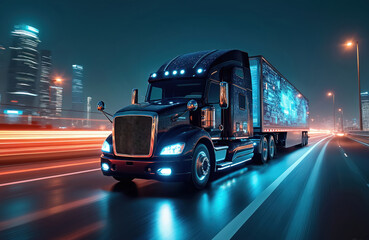 Futuristic truck travels night city. Digital elements on semi-trailer reflect network concept. Urban background, night lights, transportation, modern tech, commerce. Ideal for tech, transport,