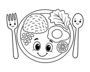 Cute cartoon breakfast plate with smiling food face including rice, egg, vegetables, and utensils in black and white line art