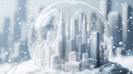 A modern snow globe showcasing intricate city skyscrapers in white design. [Ocular City] | Vigilance Tower | watch spire. Illustration