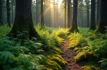 Obraz premium Evening hike through boreal forest with rich ferns, moss, Estonia. Sunlight breaks through trees, lighting forest path. Summer nature. Perfect scenery for nature, eco, tourism travel, forest