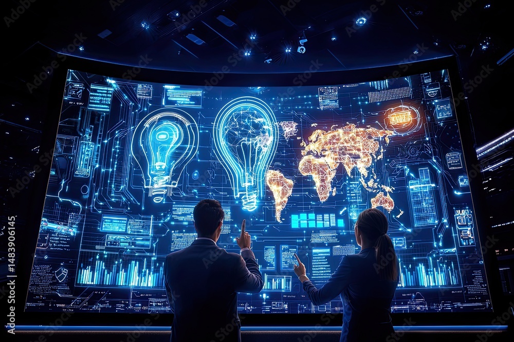Poster global innovation data visualization two professionals analyze