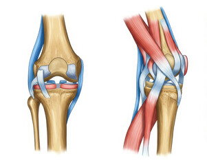 Human Knee Joint Anatomy Illustration: Ligaments and Muscles - Detailed anatomical illustration showcasing the human knee joint, highlighting ligaments and muscles. Concepts: mobility, stability