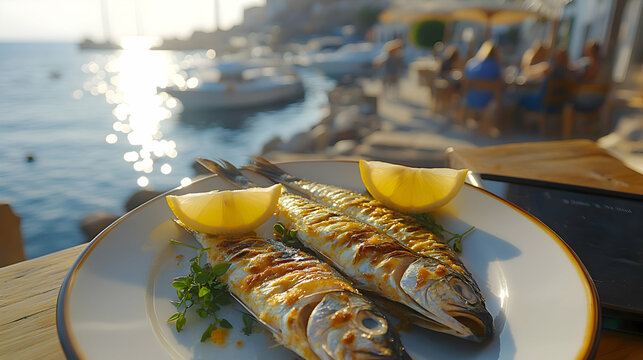 Chicharro al Horno, Baked Horse Mackerel, golden and crispy, served with lemon wedges and herbs