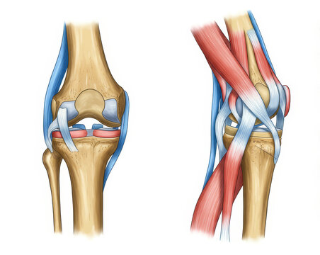 Human Knee Joint Anatomy Illustration: Ligaments and Muscles - Detailed anatomical illustration showcasing the human knee joint, highlighting ligaments and muscles. Concepts: mobility, stability
