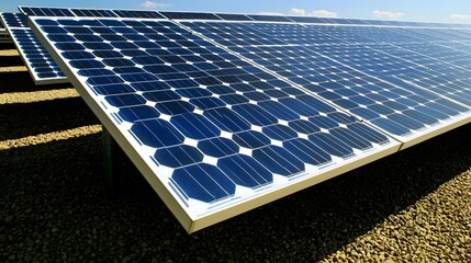 Clean Energy Solar Panels Array on Gravel Ground