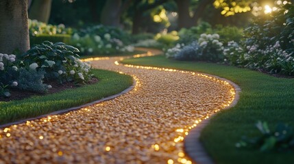 Glowing pathway winds through a serene, lush garden