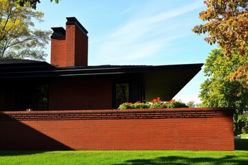 Architectural marvel showcases striking red brick design blended with natural surroundings on a sunny day in a residential area