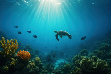Fototapeta premium Turtle swimming among corals and fish in the ocean.