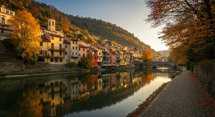 Obraz premium Italian Town River Reflection in Autumn - Picturesque Italian town nestled beside a calm river, reflecting colorful buildings and autumn foliage. Symbolizing peace, beauty, serenity, heritage
