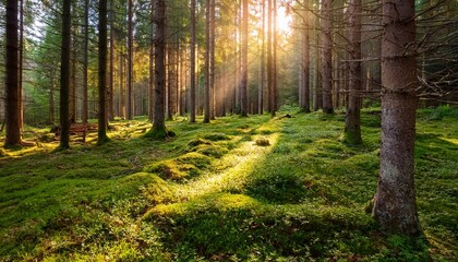Fototapeta premium beautiful forest with moss covered soil and sunbeams through the trees