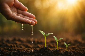 Fototapeta premium Hand holding small plant dripping water.