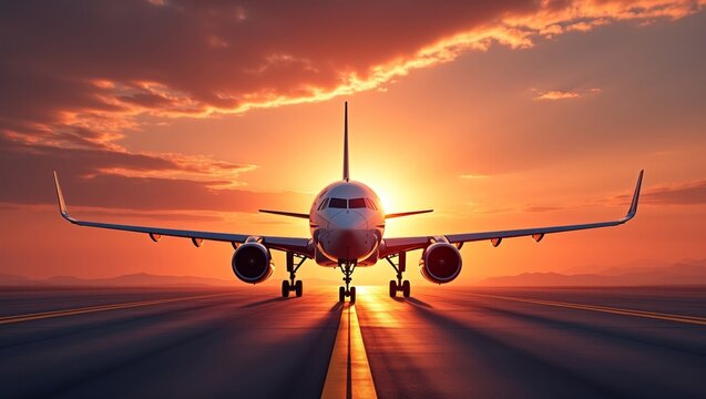 Stunning commercial airliner in vibrant sunset sky airbus a320 or boeing 737 silhouette with dramatic shadows and colorful clouds