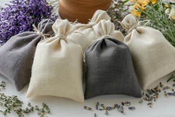 Small fabric pouches filled with dried herbs