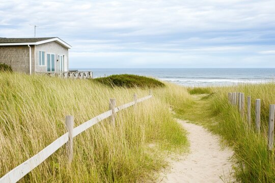 A scenic coastal pathway winds its way towards a charming beach house, all set against a backdrop of a cloudy sky over the ocean during daylight hours