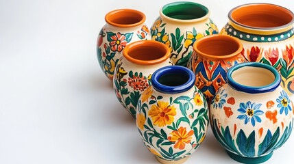 Ceramic clay flower and plant pots with colourful floral ornaments in pottery studio isolated on white background with copy space
