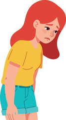 Fototapeta premium Sad red haired girl with yellow shirt and blue shorts vector illustration 
