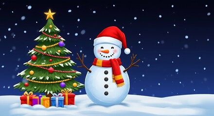 christmas tree, snowman, winter landscape, snow, night sky, stars, presents, holiday, festive, whimsical
