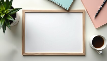 Blank picture frame with office supplies on desk background  