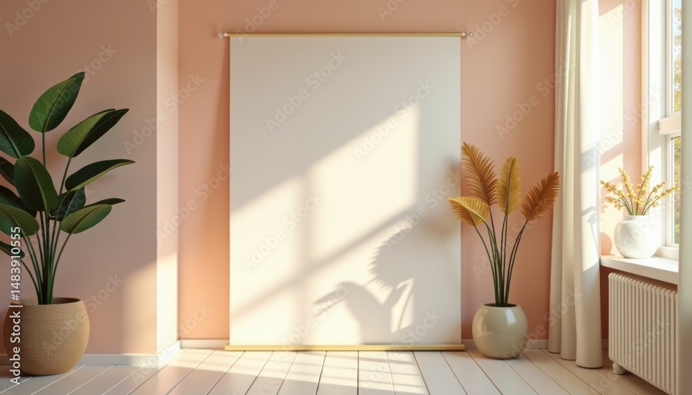 Poster Minimalist interior with empty canvas and plants in soft light  