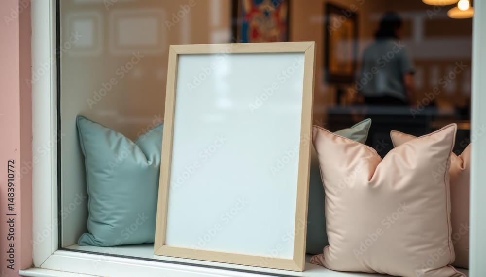 Poster empty wooden frame near pillows on window sill in a cozy cafe