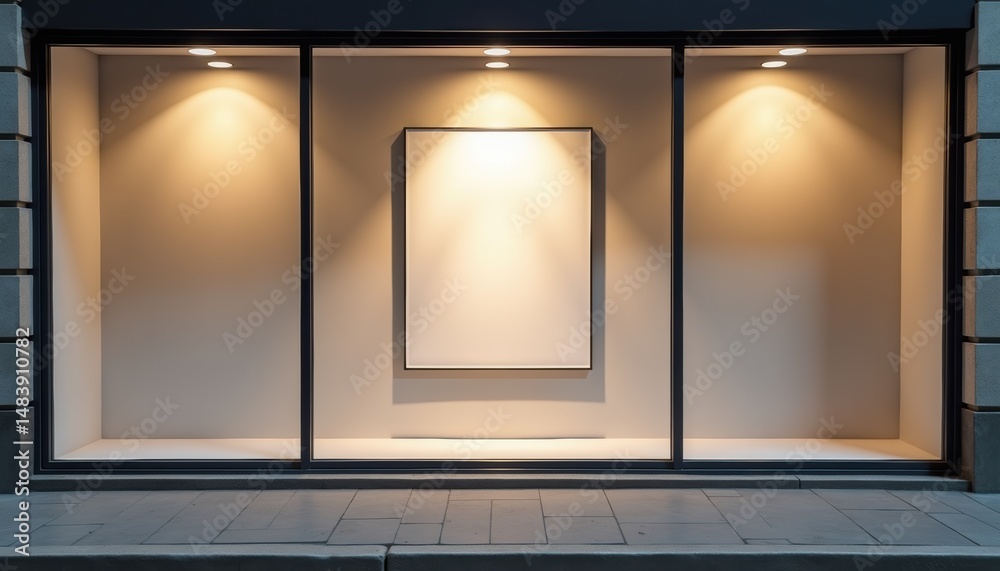 Aufkleber Empty gallery display with a blank frame under warm lights  