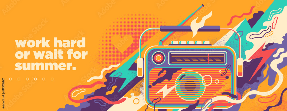 Fototapete abstract summer background with retro radio and colorful splashing shapes. vector illustration