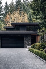 Obraz premium Contemporary house with sleek design surrounded by forest in a tranquil setting, showcasing stone and wood architecture on a quiet driveway, capturing the essence of modern living