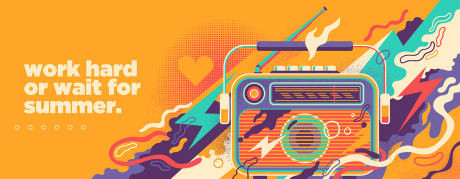Abstract Summer Background with Retro Radio and Colorful Splashing Shapes. Vector Illustration