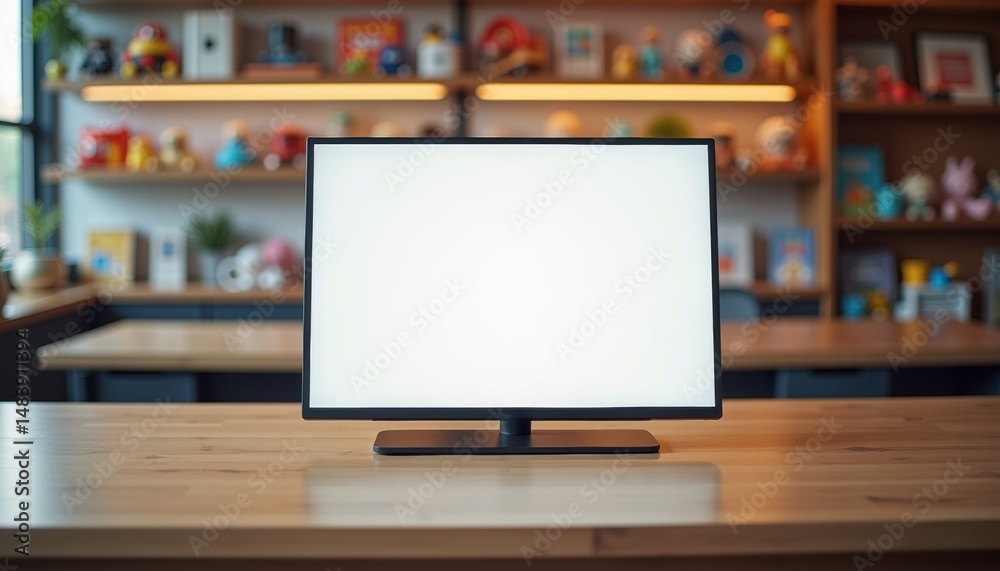 Aufkleber empty monitor on wooden desk with colorful shelves in the background
