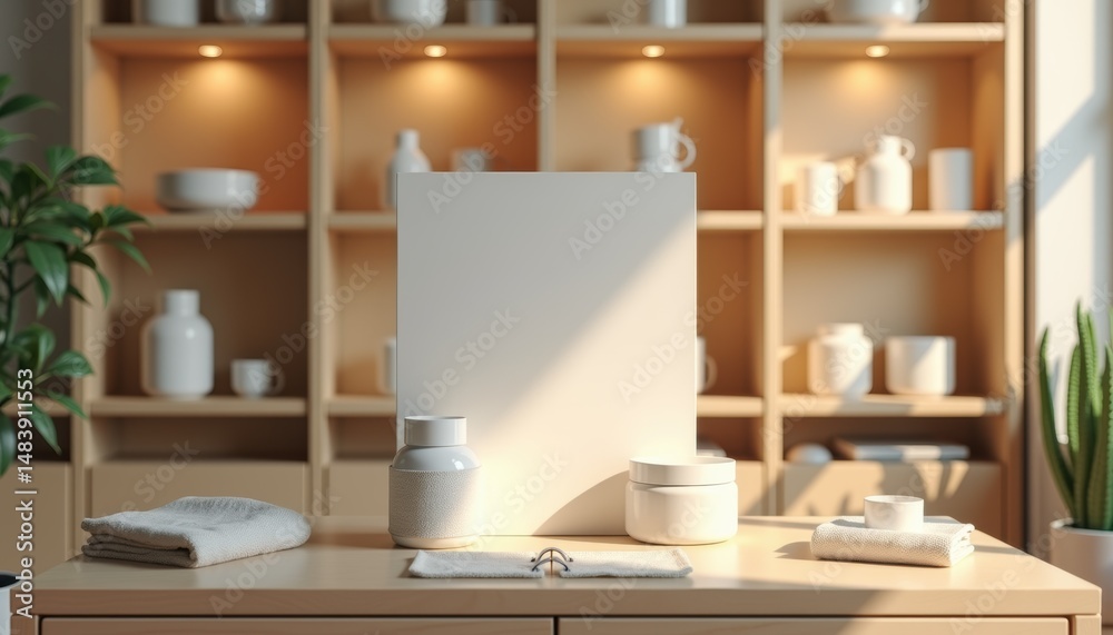 Poster minimalist workspace with blank canvas and white ceramics in natural light