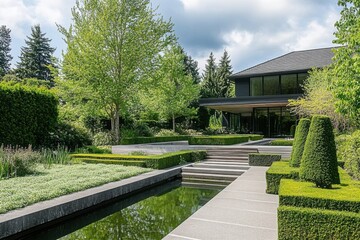Fototapeta premium Modern house surrounded by lush greenery and artistic landscaping in a serene residential neighborhood during the daylight hours