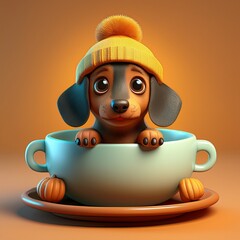Chibi-Dackel mit M&uuml;tze in einer Suppentasse